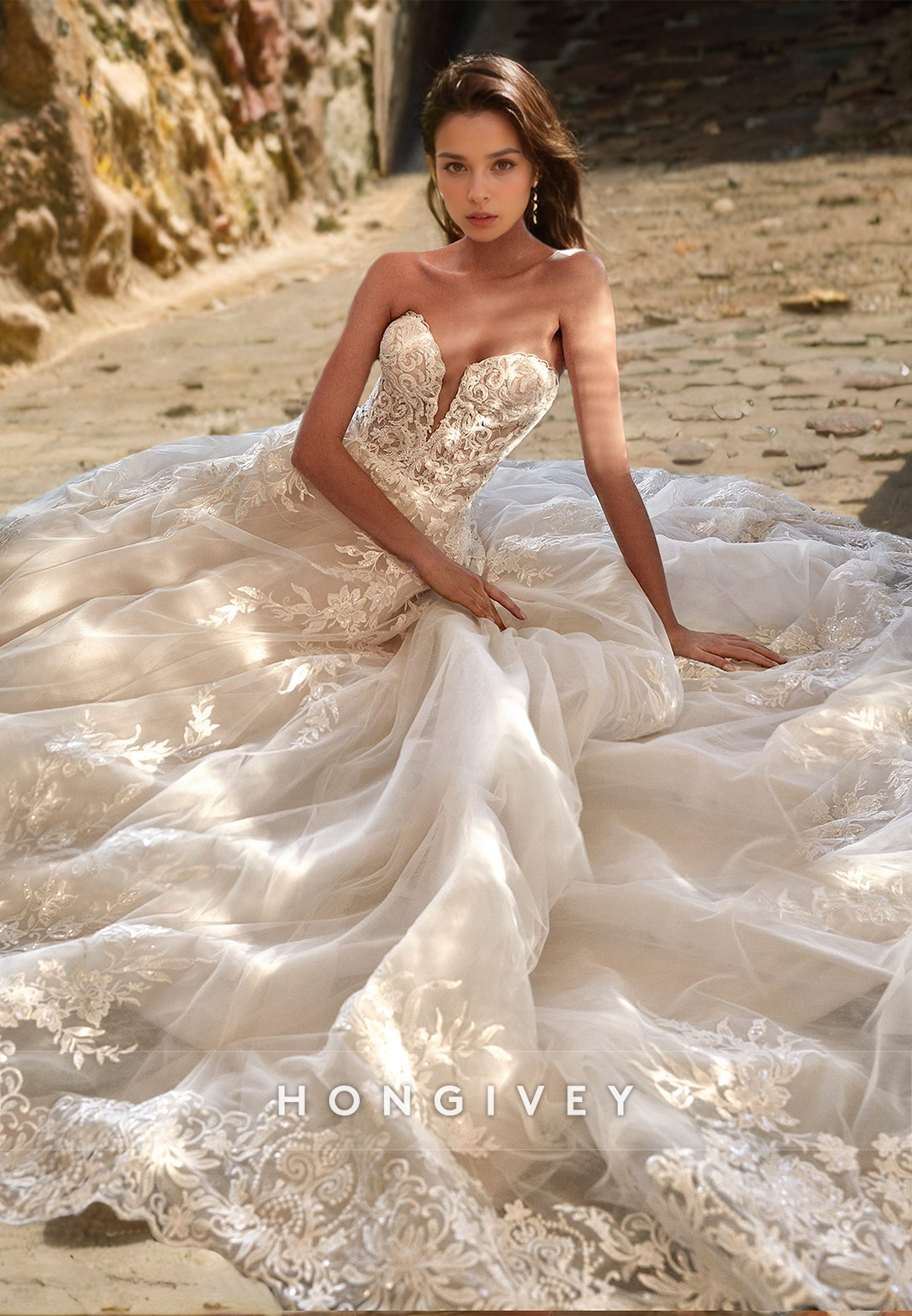 H0894 - Illusion Floral Lace Embroidered Tiered Strapless With Train Long Wedding Dress