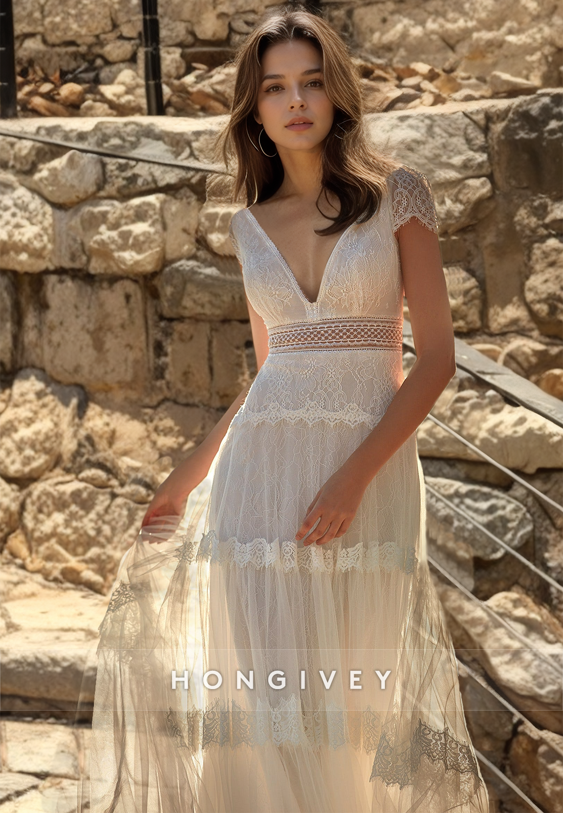 H0914 - Fully Floral Lace Tiered Illusion Cutout With Train Long Wedding Dress