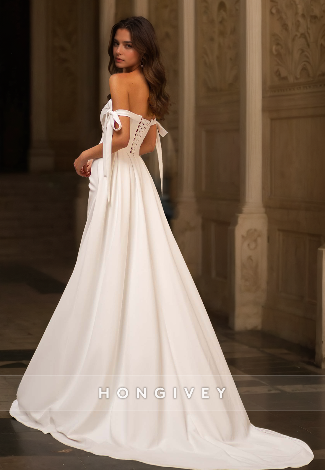 HONGIVEY Satin Beach Wedding Dresses with Train Simple Off-Shoulder High Slit Bride Gown