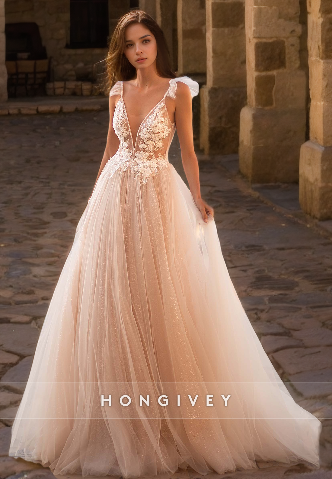 H0963 - Sparky Sheer Lace Applique Tiered Plunging Illusion With Train H0963 - Sparky Sheer Lace Applique Tiered Plunging Illusion With Train