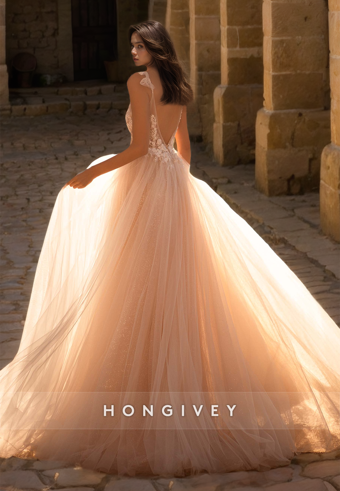 H0963 - Sparky Sheer Lace Applique Tiered Plunging Illusion With Train Long Wedding Dress