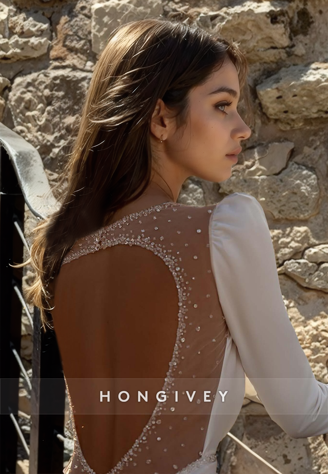 HONGIVEY Backless Beach Wedding Dresses V-Neck Long Sleeves Bride Gown New