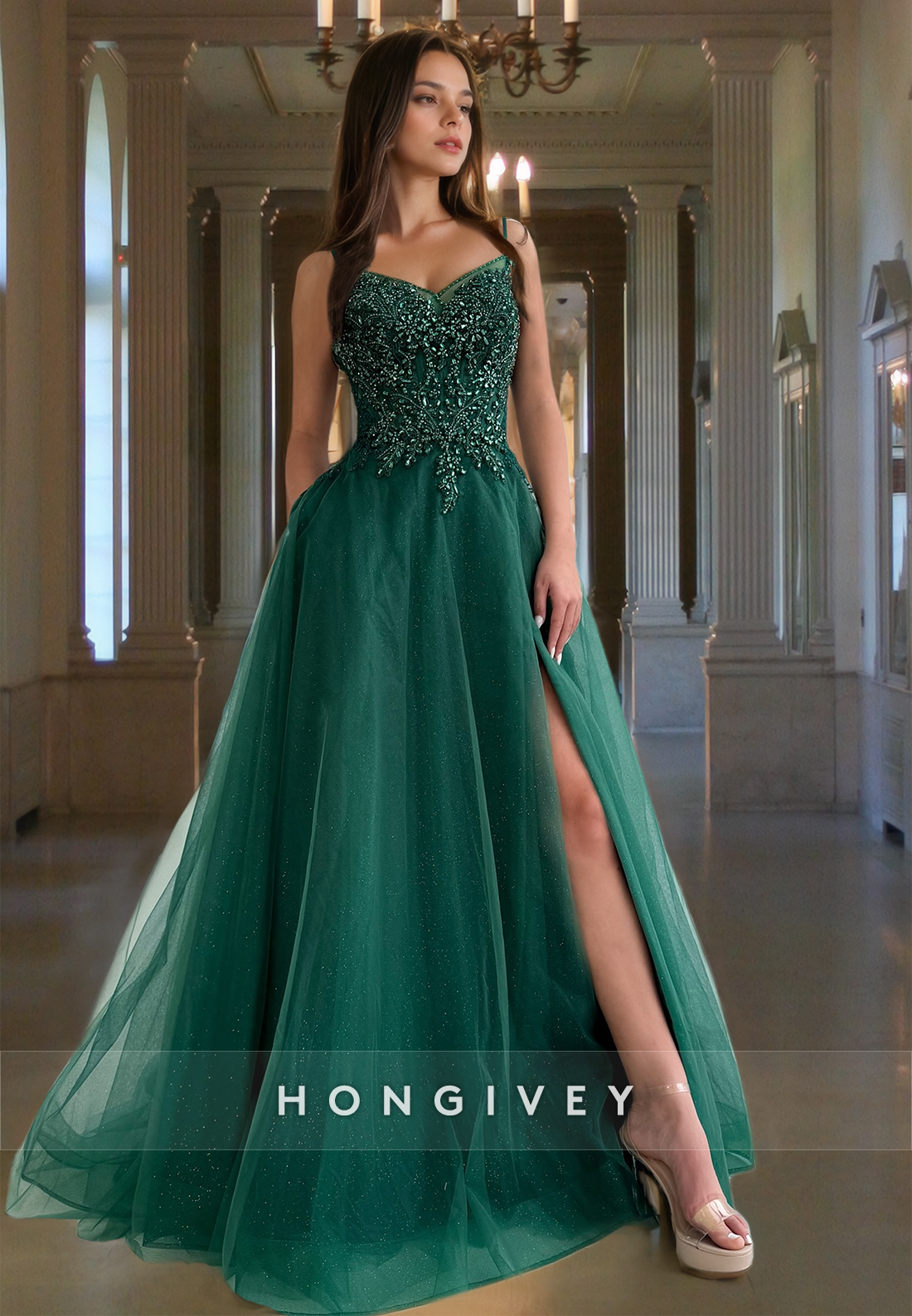 2025 Straps Applique Beaded Dark Green Tulle Prom Dress Ball Gown HONG 2025 Straps Applique Beaded Dark Green Tulle Prom Dress Ball Gown HONG