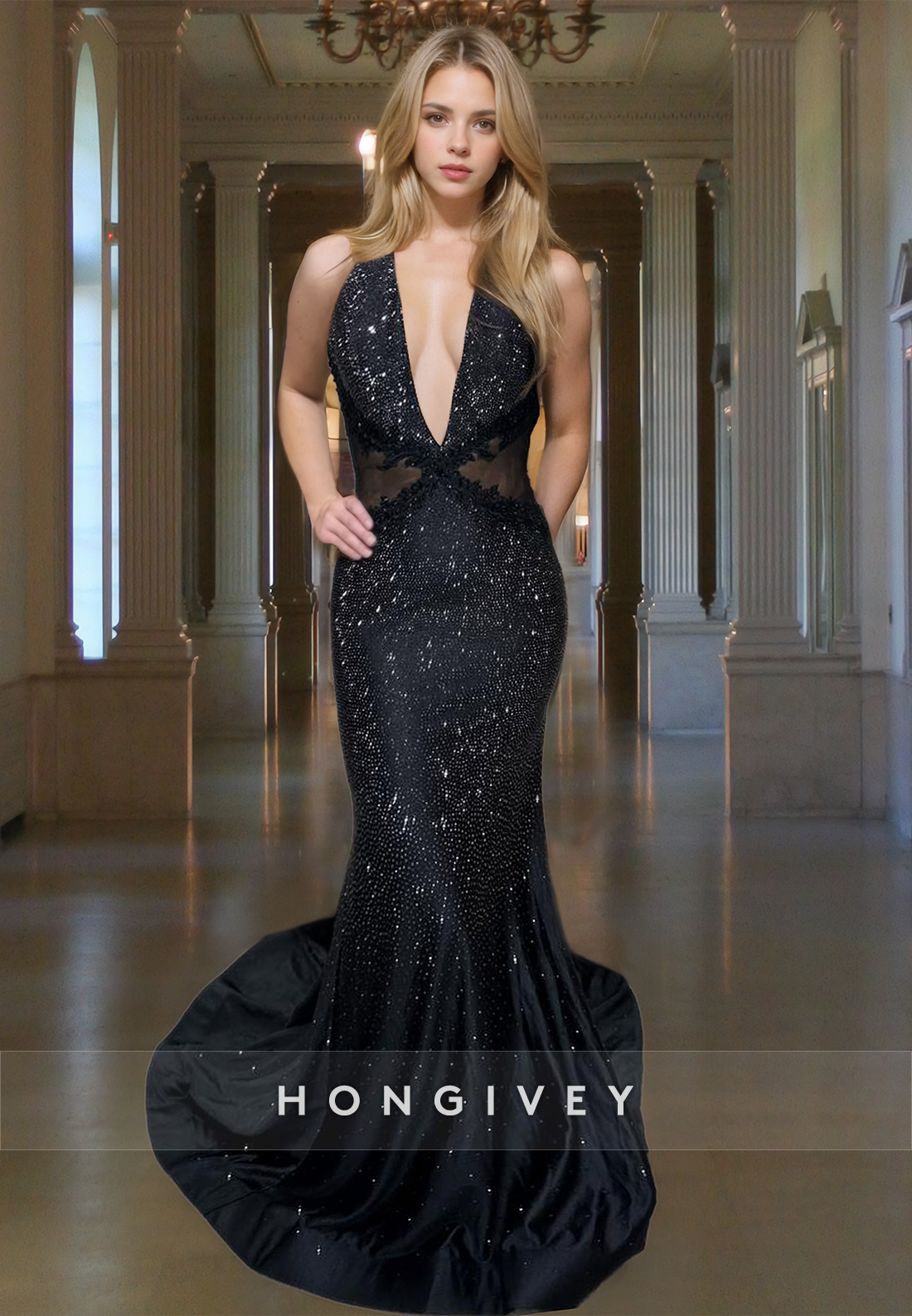 Sexy Black V-Neck Stunning Trumpet with Train Evening Dress Formal Gow Sexy Black V-Neck Stunning Trumpet with Train Evening Dress Formal Gow