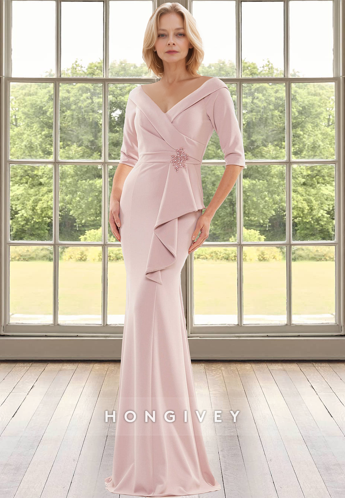 Half Sleeves V-Neck Ruched Sheath Wedding Guest Dress HONGIVEY