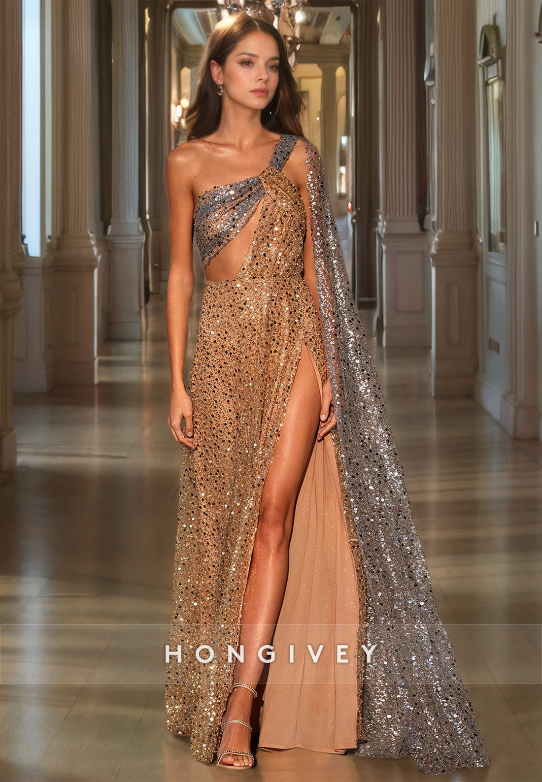 Sequins Glitter Asymmetrical Backless With High Slit And Tulle Train P Sequins Glitter Asymmetrical Backless With High Slit And Tulle Train P