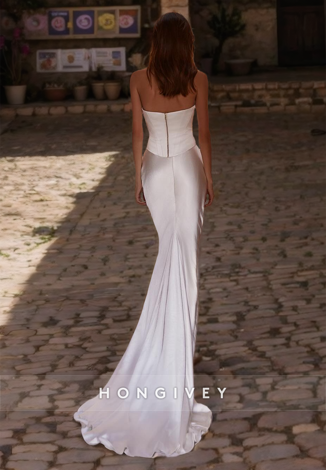 HONGIVEY Strapless Satin Mermaid Wedding Dress Side Slit Simple Ruched Bride Gown