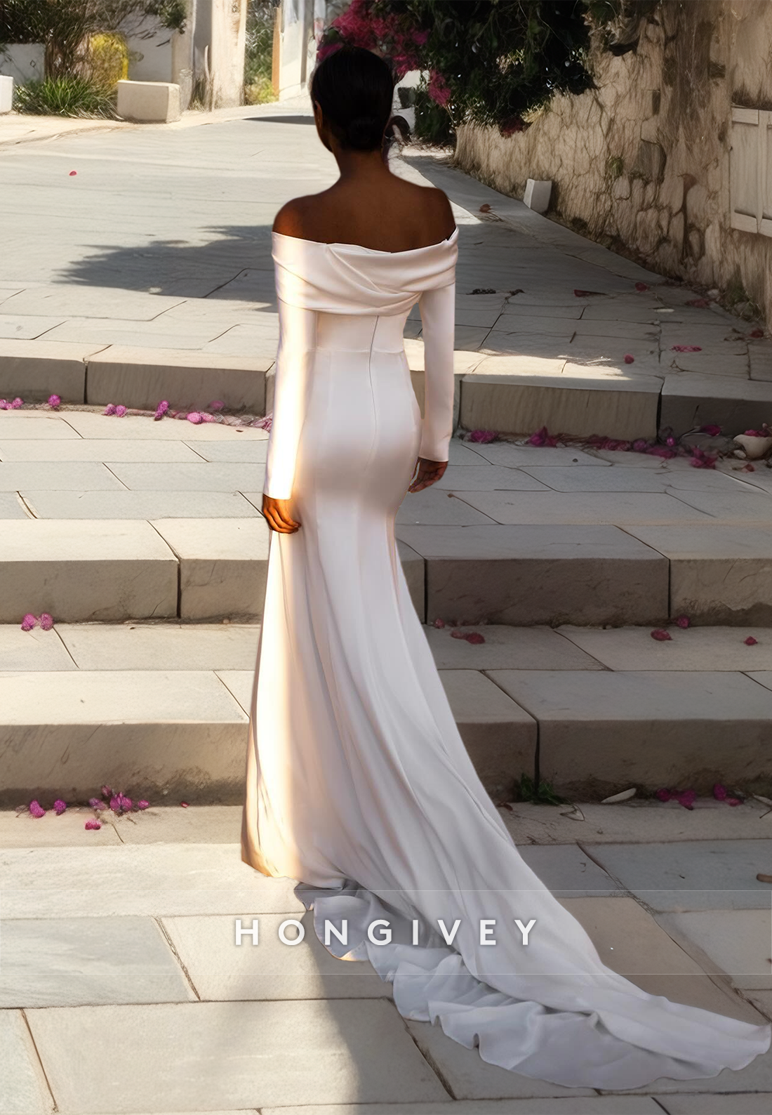 HONGIVEY Elegant Mermaid Wedding Dress with Train Applique Long Sleeves Bride Gown