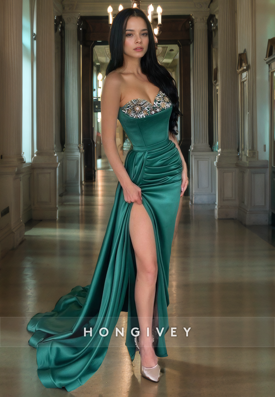 Satin Fitted Sweetheart Strapless Beaded Long Prom Dress Satin Fitted Sweetheart Strapless Beaded Long Prom Dress