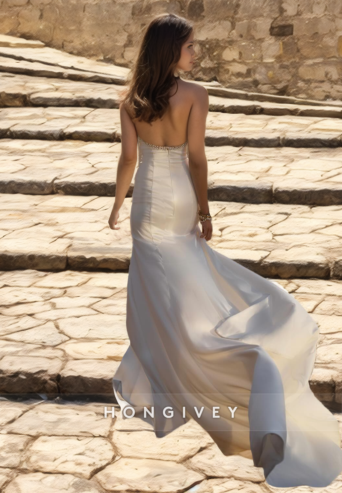 HONGIVEY Sexy Side Slit Mermaid Wedding Dress High Neck Sleeveless Fitted Satin Bride Gown