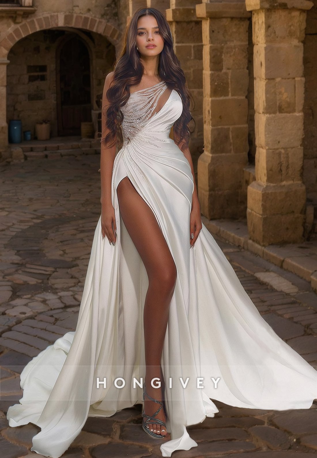 Beaded One Shoulder Draped Illusion Cutout High Slit With Train Weddin Beaded One Shoulder Draped Illusion Cutout High Slit With Train Weddin