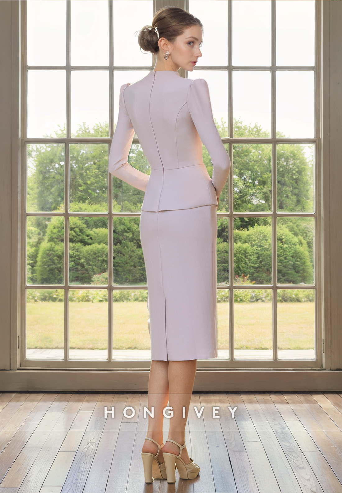 Fitted Satin V-Neck Long Sleeve Knee-Length Mother of the Bride Dress