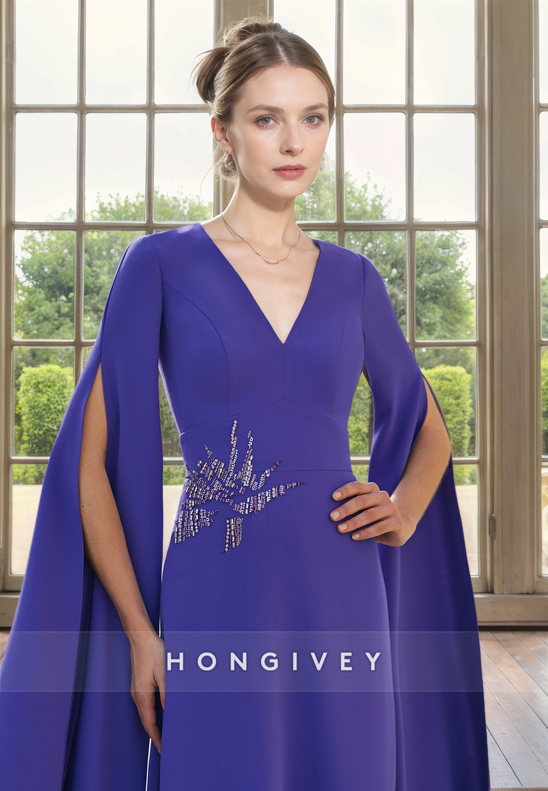 Sheath V-Neck Long Sleeve Appliques Mother of the Bride Dress