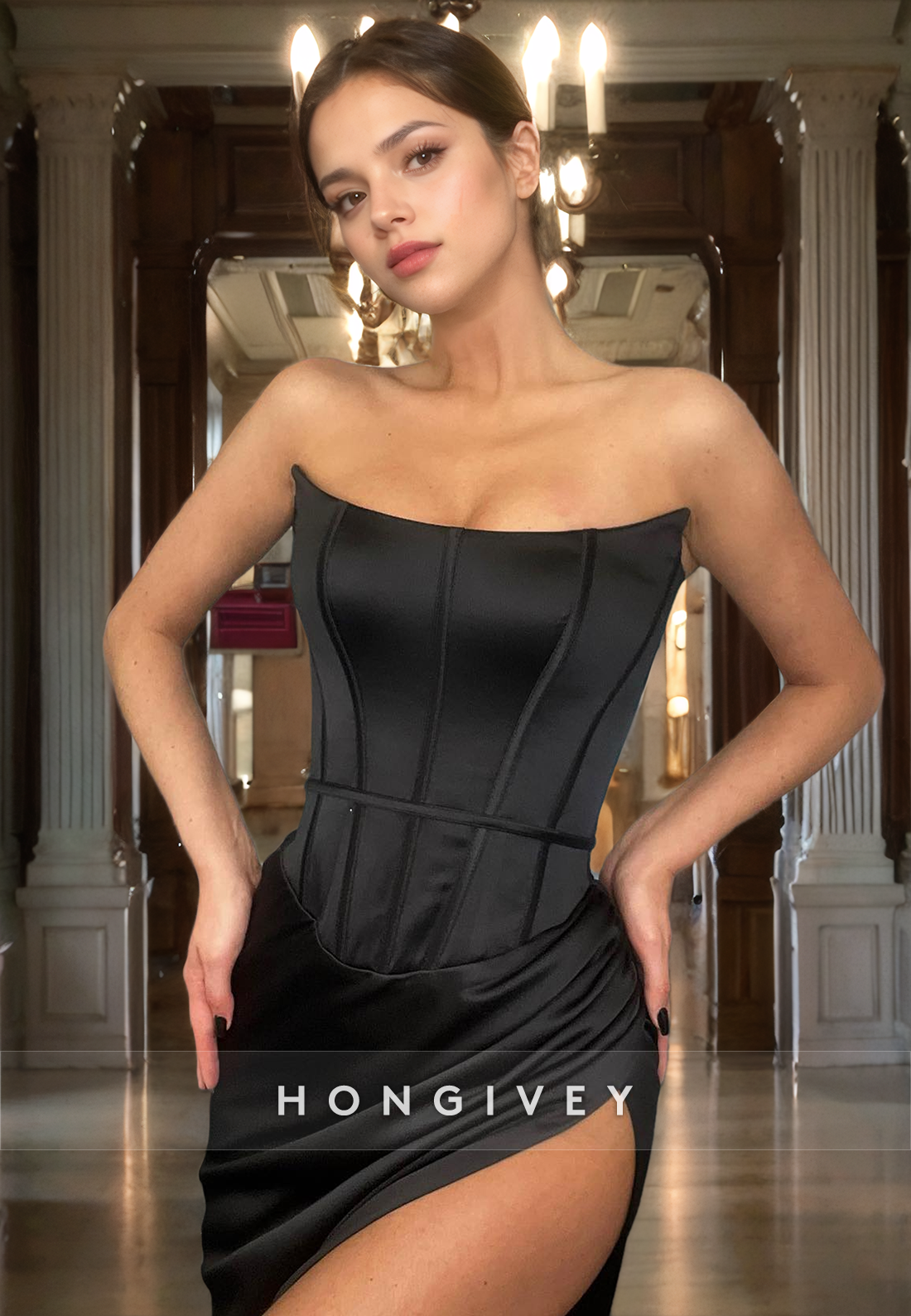 Sexy Bateau Black Corset Fitted with Slit Sheath Satin Evening Dress Formal Party Gown