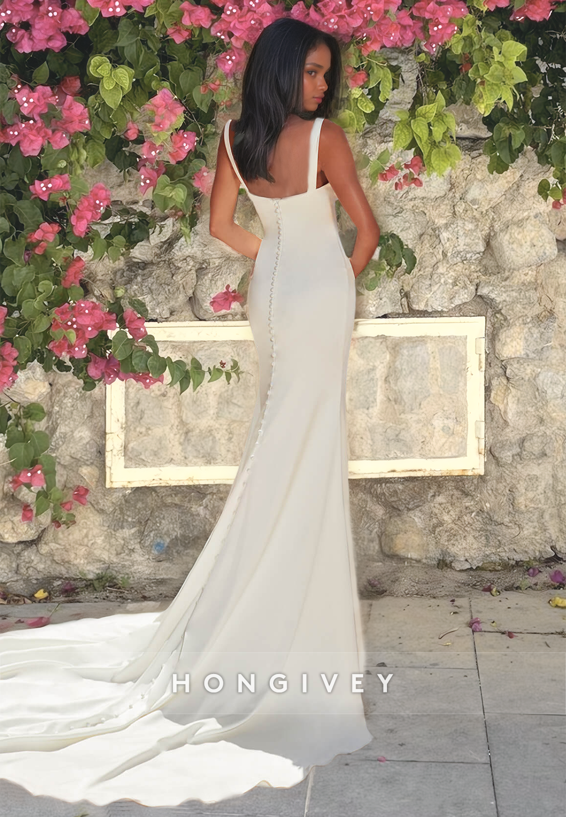 HONGIVEY Straps Beach Wedding Dress Mermaid Sweetheart with Train Bride Gown