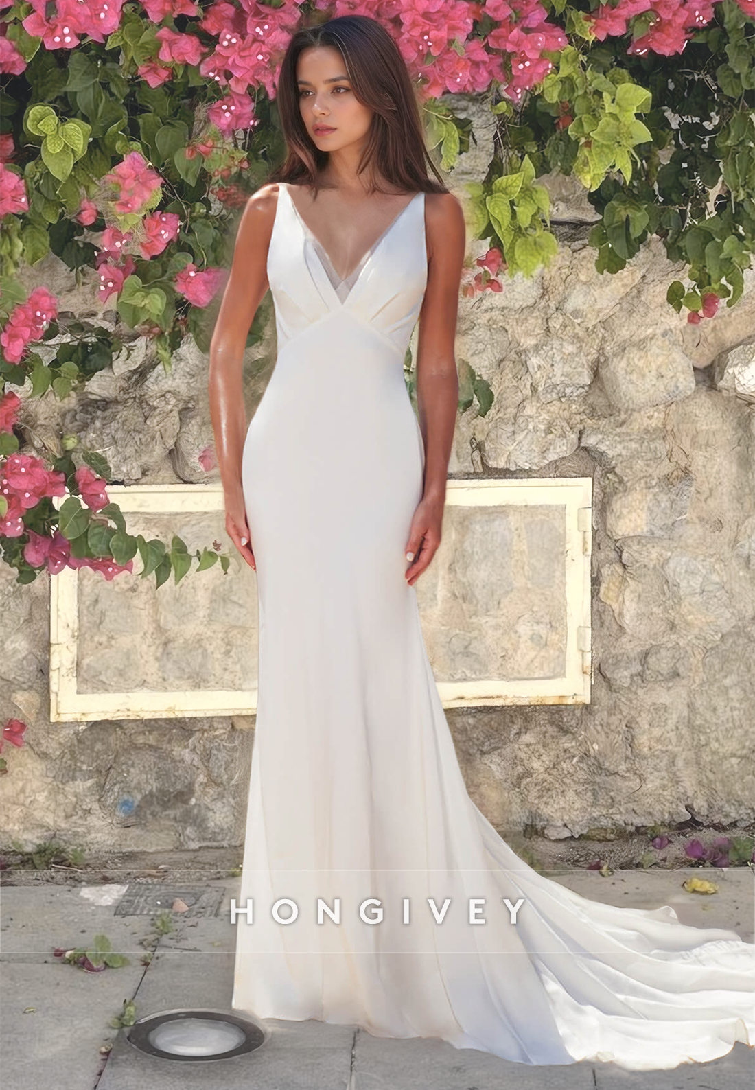 HONGIVEY Sexy V-Neck Backless Straps Mermaid Beach Wedding Dress with HONGIVEY Sexy V-Neck Backless Straps Mermaid Beach Wedding Dress with