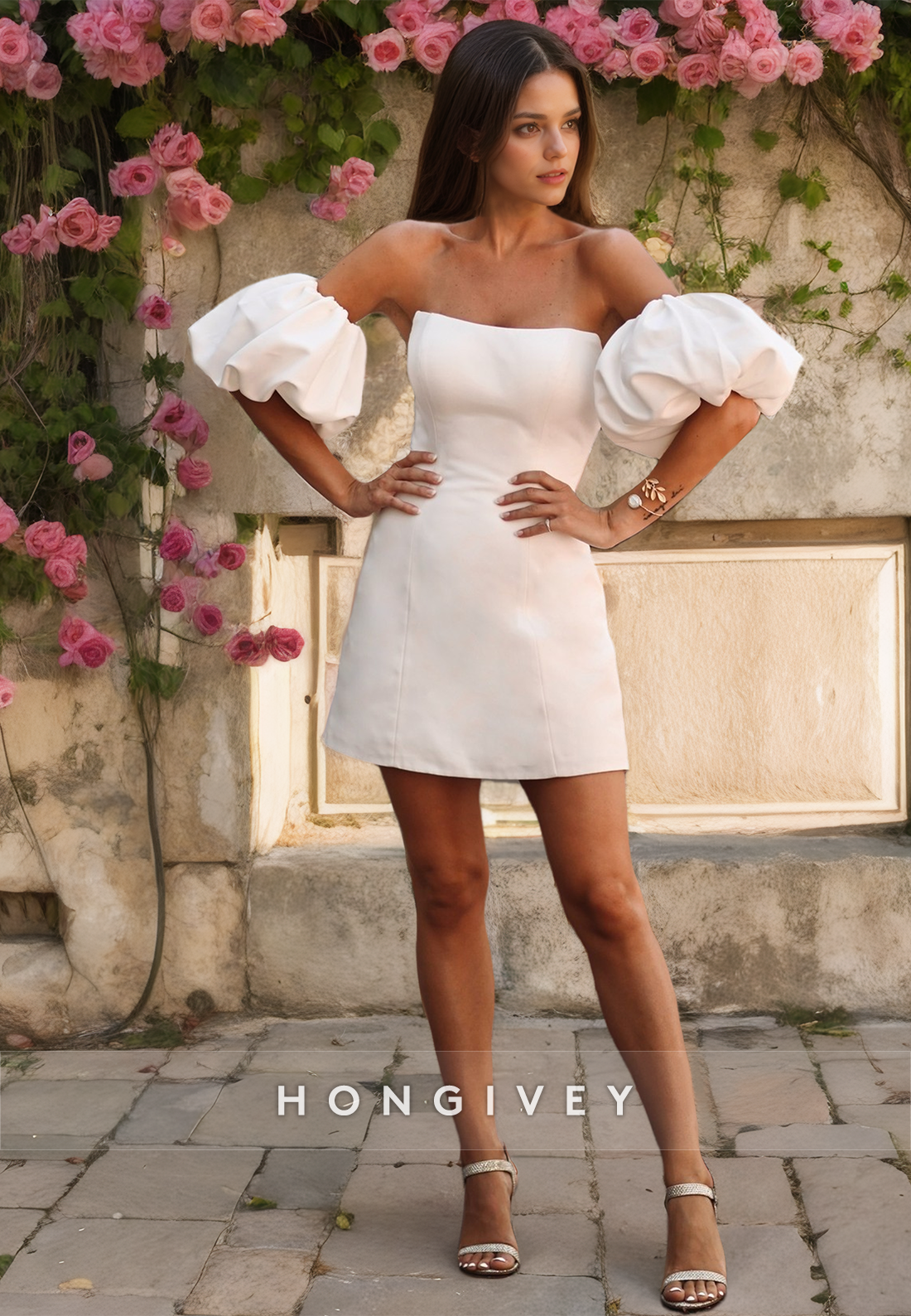 Satin A-Line Bateau Puff Sleeves Detachable Train Wedding Dress