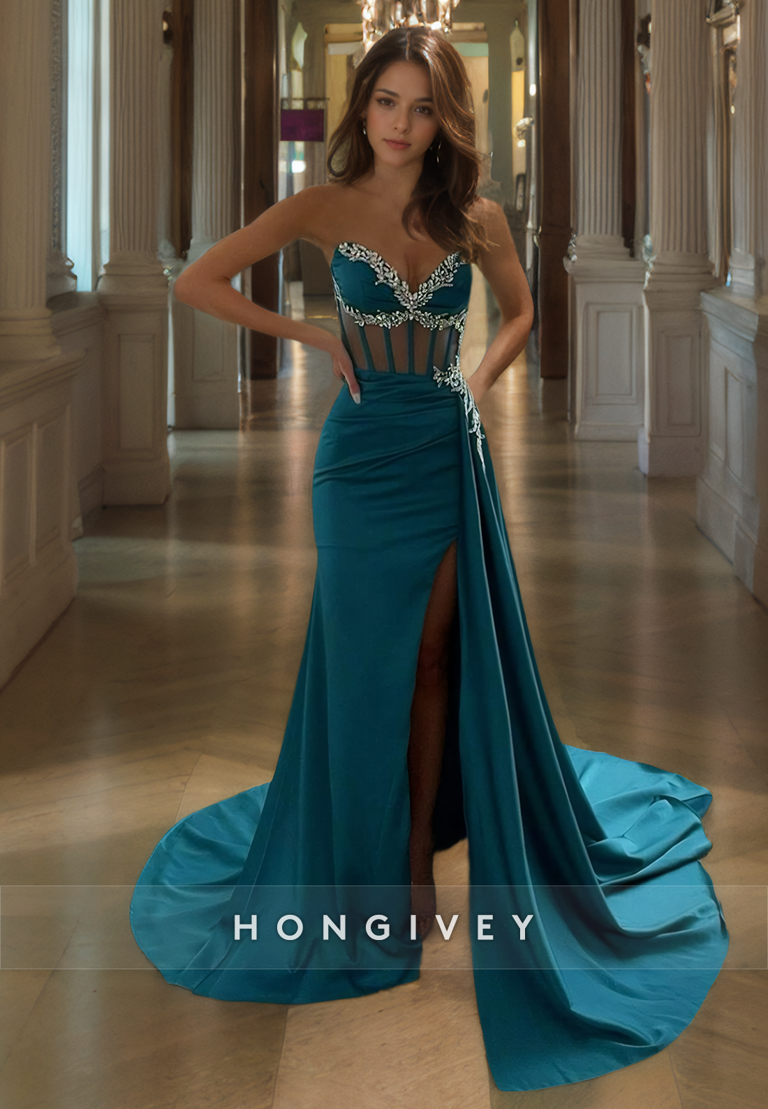 Elegant Peacock Sweetheart Beads Prom Formal Dress Satin Side Slit Str Elegant Peacock Sweetheart Beads Prom Formal Dress Satin Side Slit Str