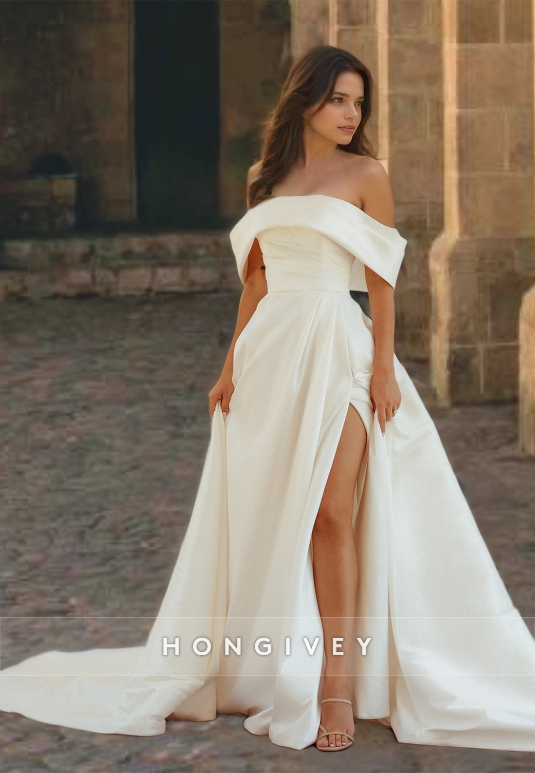 Satin A-Line Off-Shoulder Ruched With Side Slit Wedding Dress Satin A-Line Off-Shoulder Ruched With Side Slit Wedding Dress