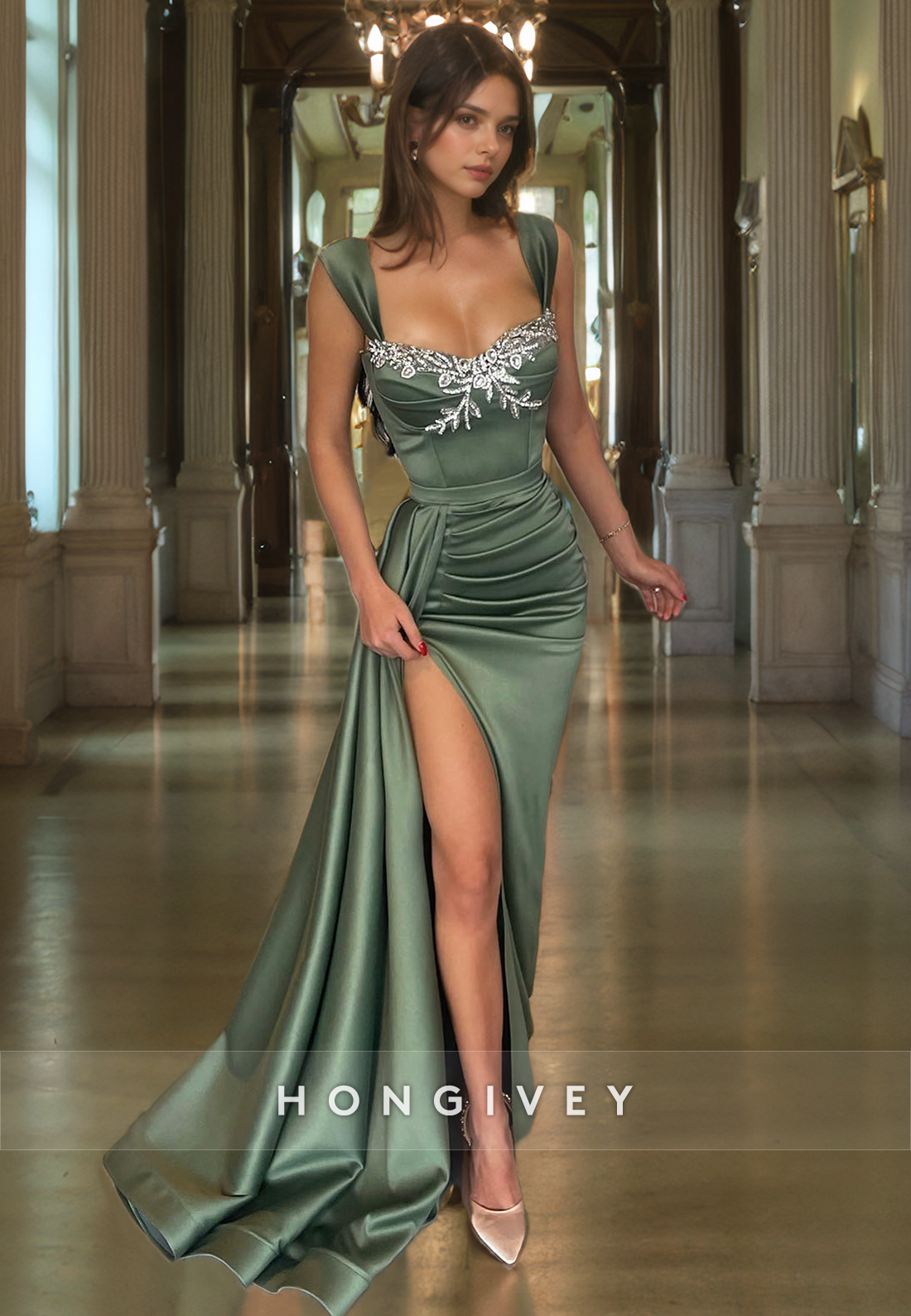 Satin Fitted Sweetheart Spaghetti Straps Appliques Long Prom Dress Satin Fitted Sweetheart Spaghetti Straps Appliques Long Prom Dress