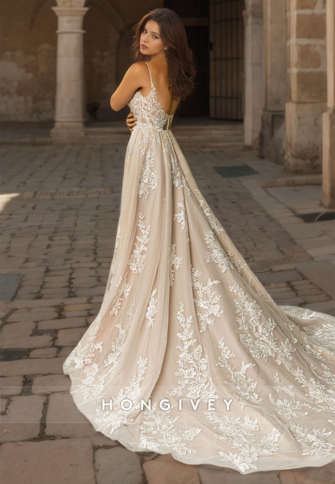 HONGIVEY Straps Applique A-Line Side Slit Tulle Wedding Dress with Train Bride Gown