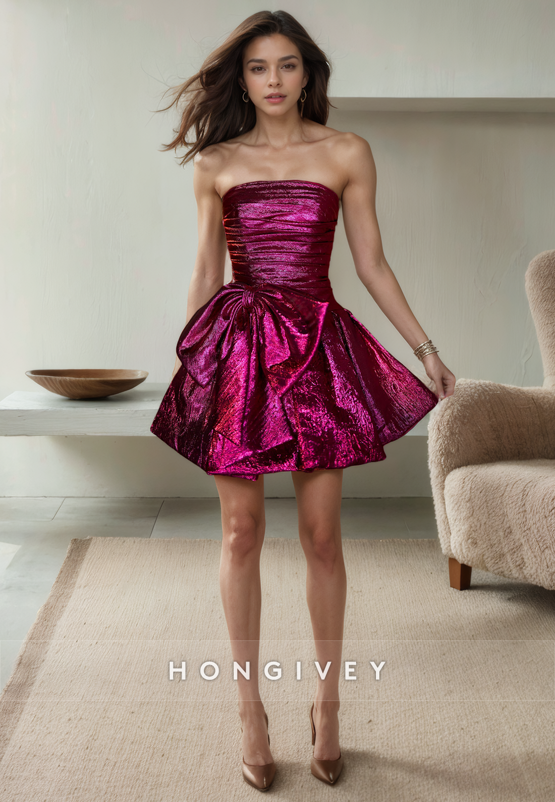 Chic A-Line Strapless Sleeveless Bowknot Ruched Short Homecoming Dress