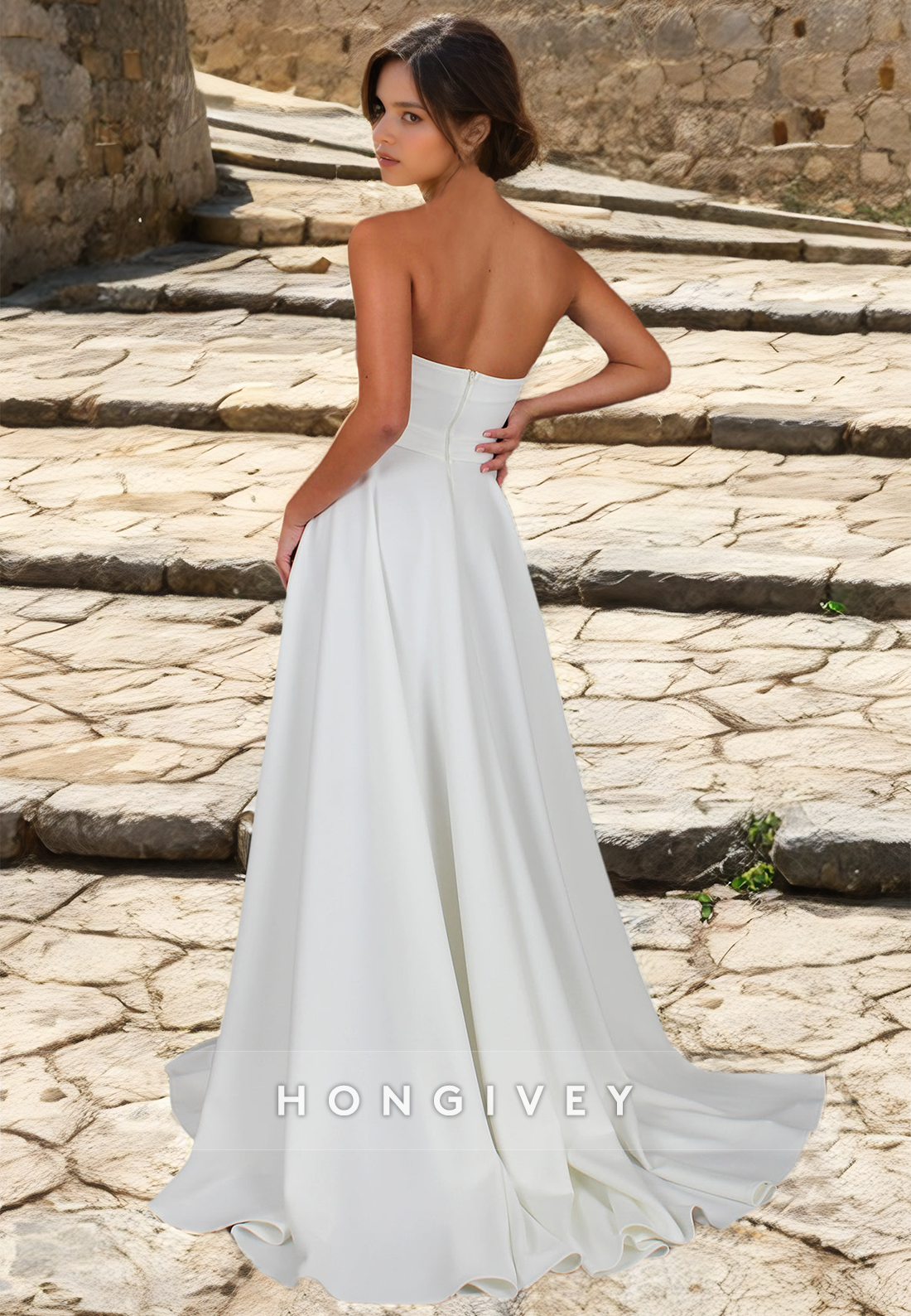 Sexy Satin A-Line Sweetheart Strapless Sleeveless With Side Slit Train Wedding Dress