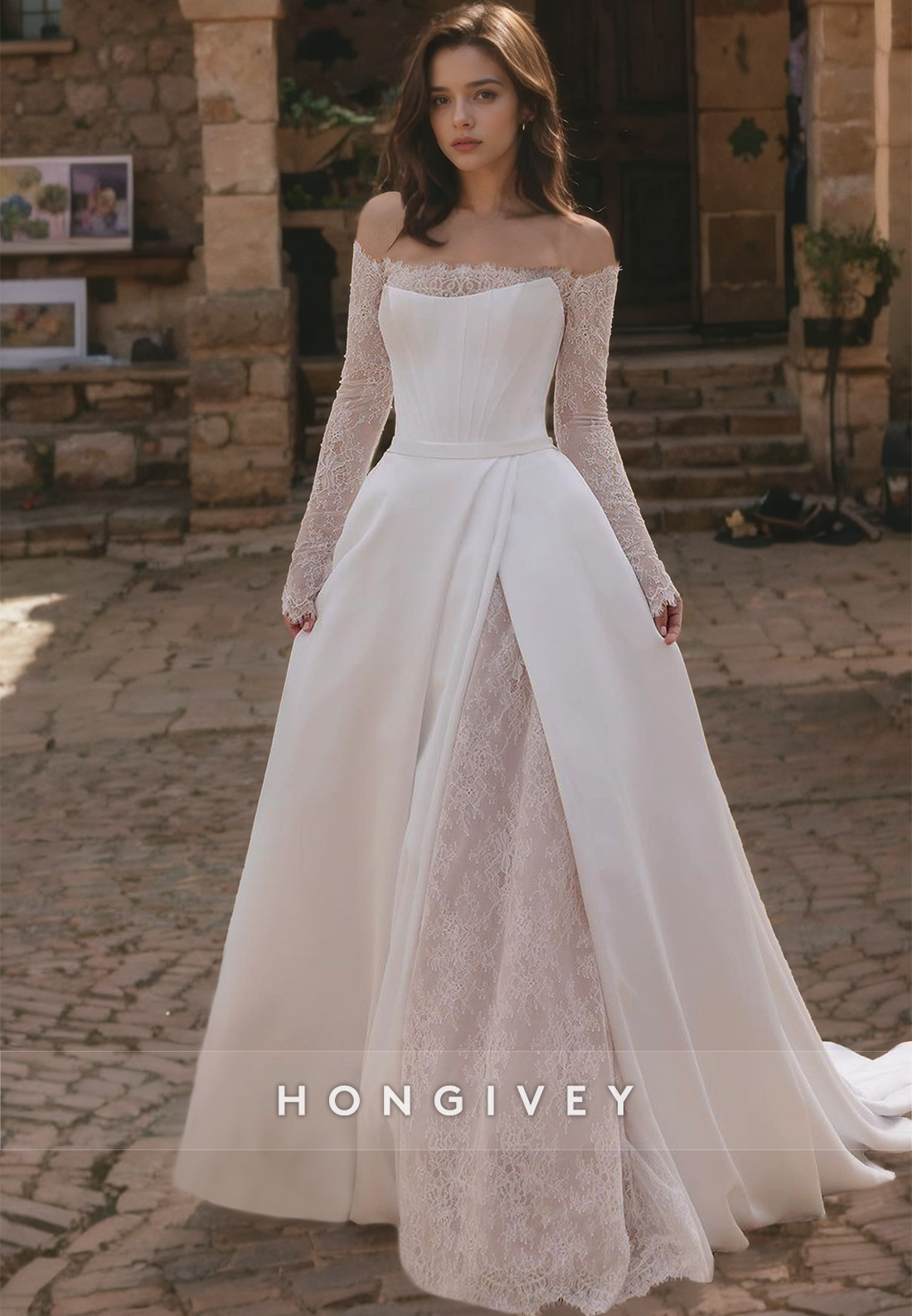 Chic Satin A-Line Bateau Lace Long Sleeve Empire With Train Wedding Dr Chic Satin A-Line Bateau Lace Long Sleeve Empire With Train Wedding Dr