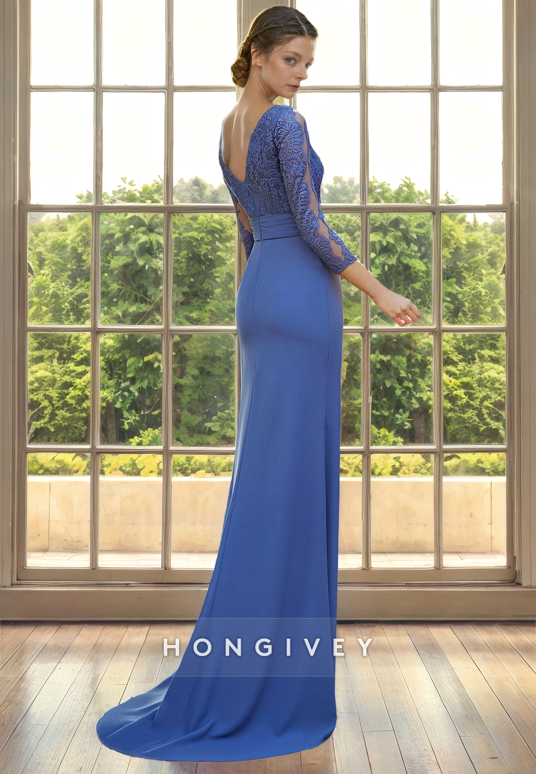 Fitted Scoop 3/4 Sleeves Two Tone Lace Applique Floral Mother of the Bride Dress