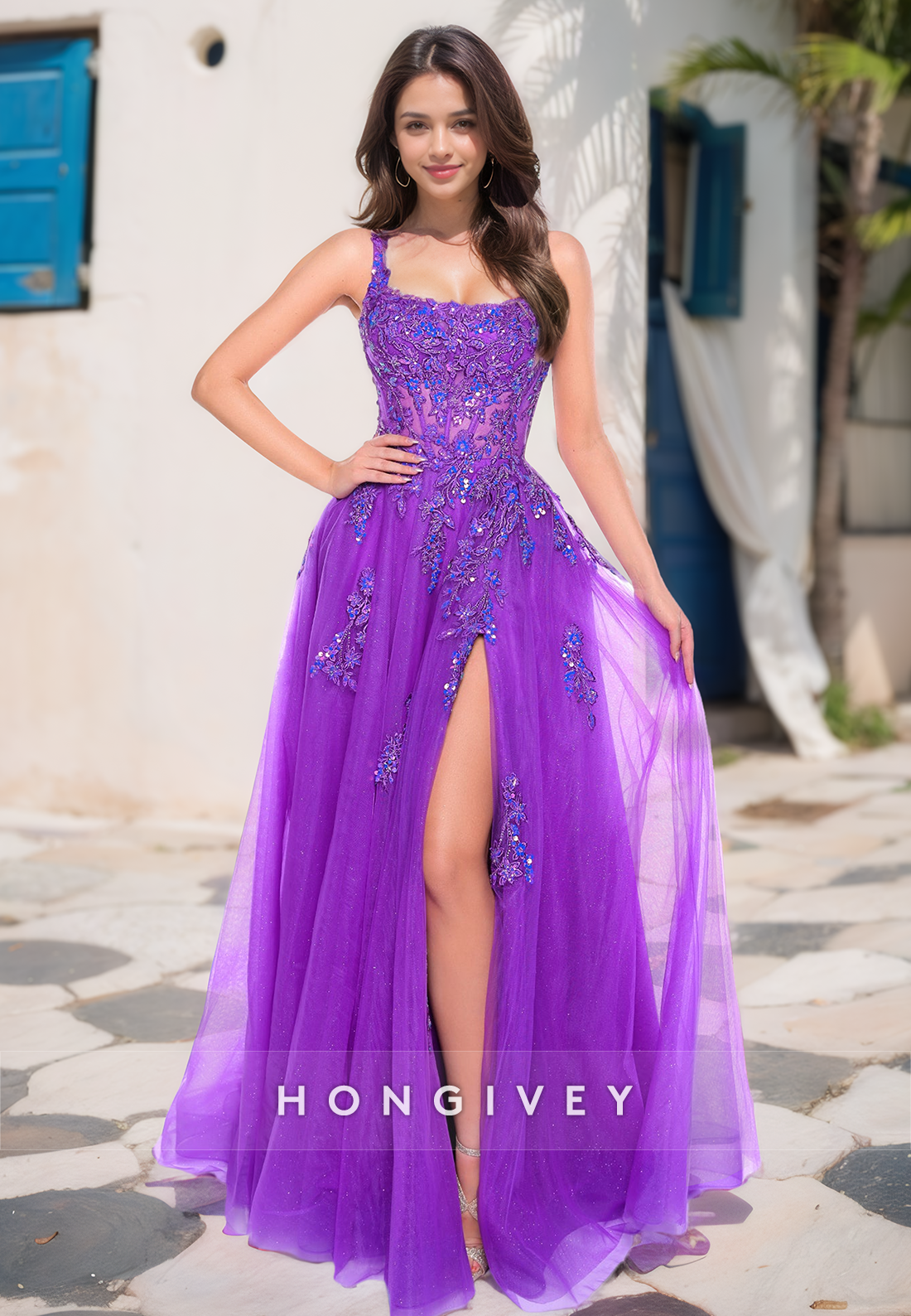 HONGIVEY Glitter Beaded Tulle Prom dress Square Straps A-Line Long Par HONGIVEY Glitter Beaded Tulle Prom dress Square Straps A-Line Long Par