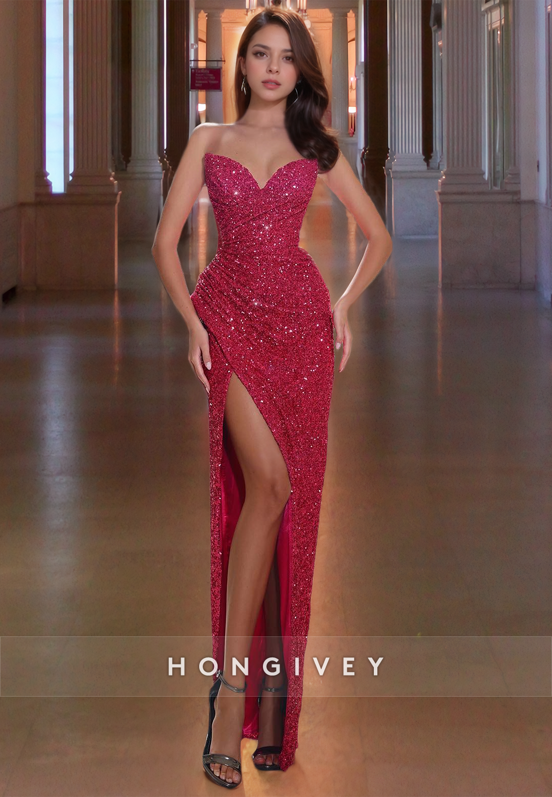 Sexy Glitter Strapless Mermaid Evening Dresses Fuchsia Long Sequins Sl