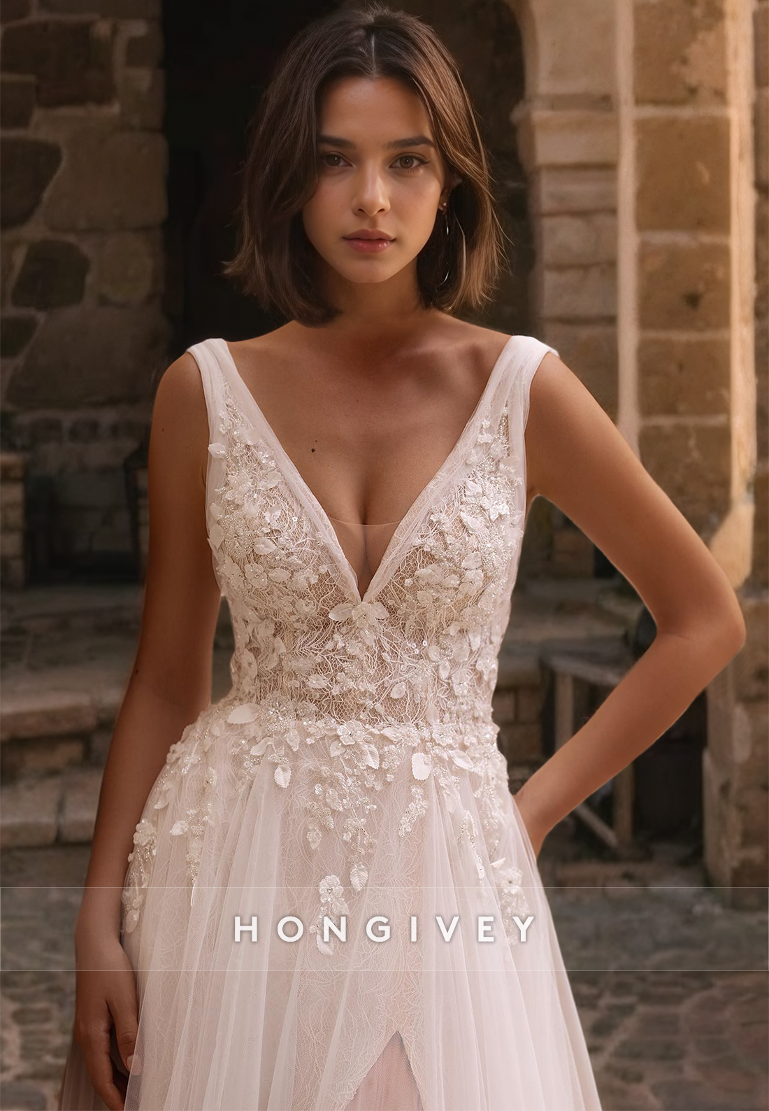 V-Neck Tulle A-Line Lace Applique With Side Slit Wedding Dress