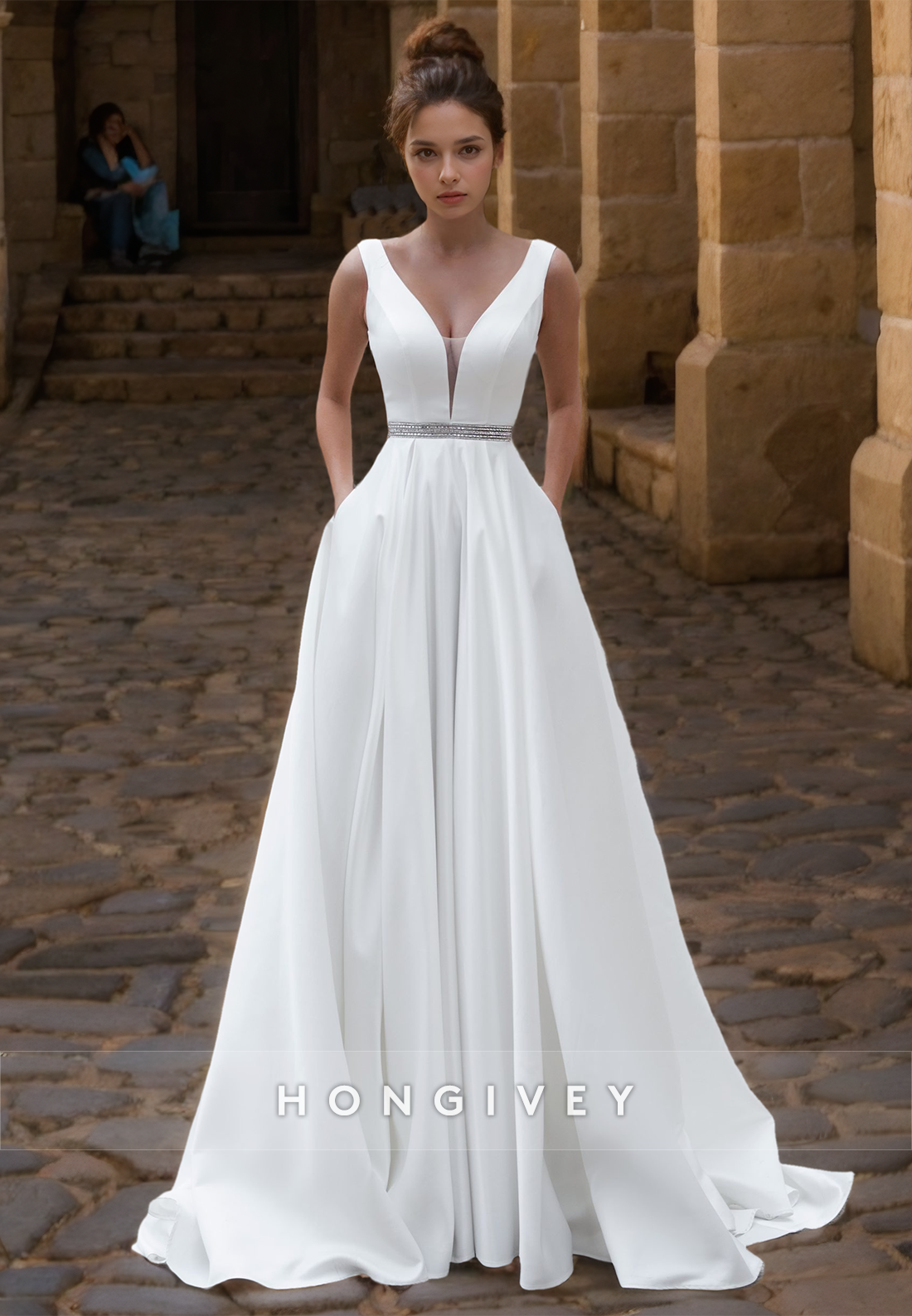 Rhinestone Embellished Sheer Long V-Neck With Train Backless Wedding D Rhinestone Embellished Sheer Long V-Neck With Train Backless Wedding D