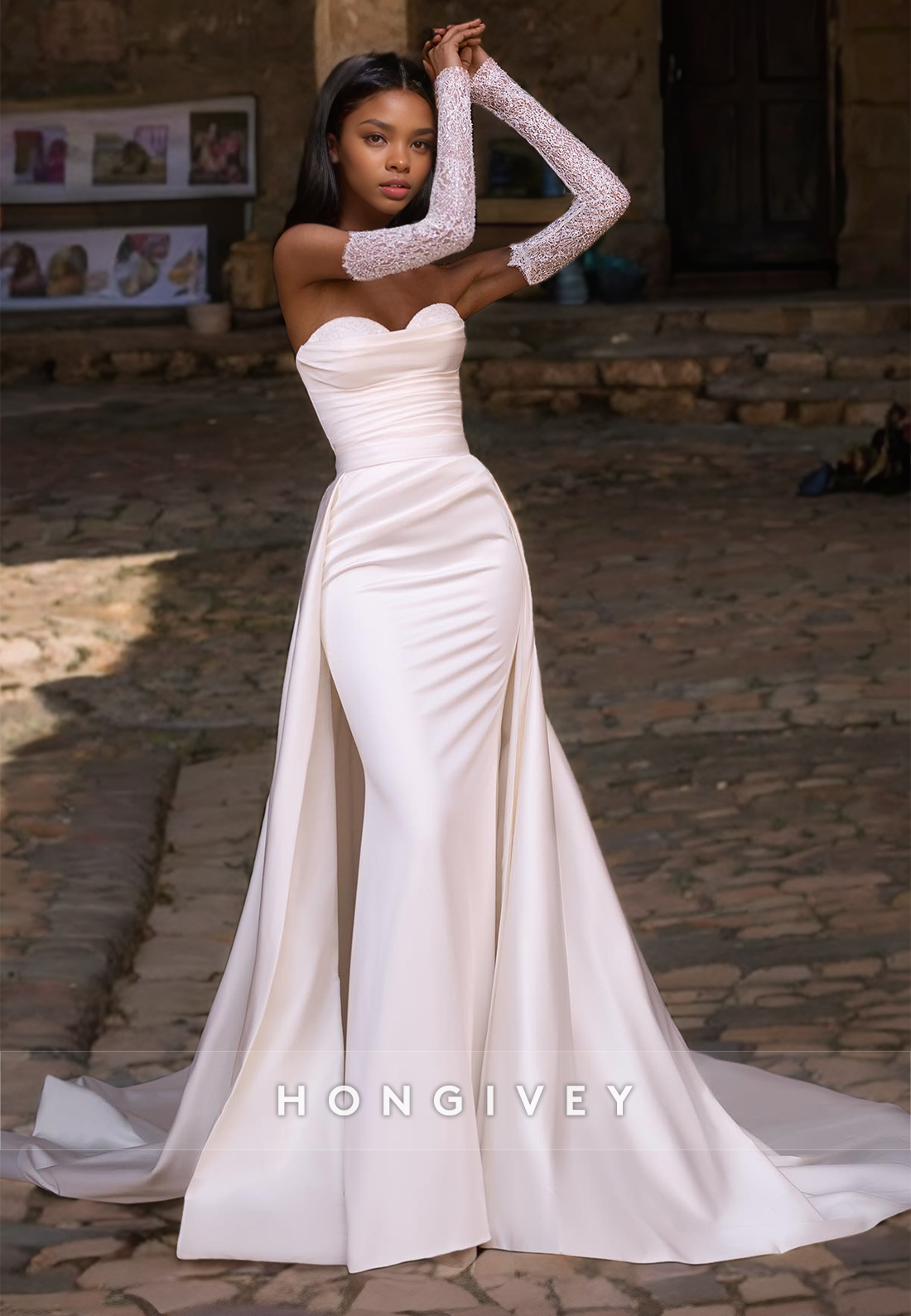 HONGIVEY Elegant Mermaid Satin Wedding Dress with Detachable Train Glo HONGIVEY Elegant Mermaid Satin Wedding Dress with Detachable Train Glo
