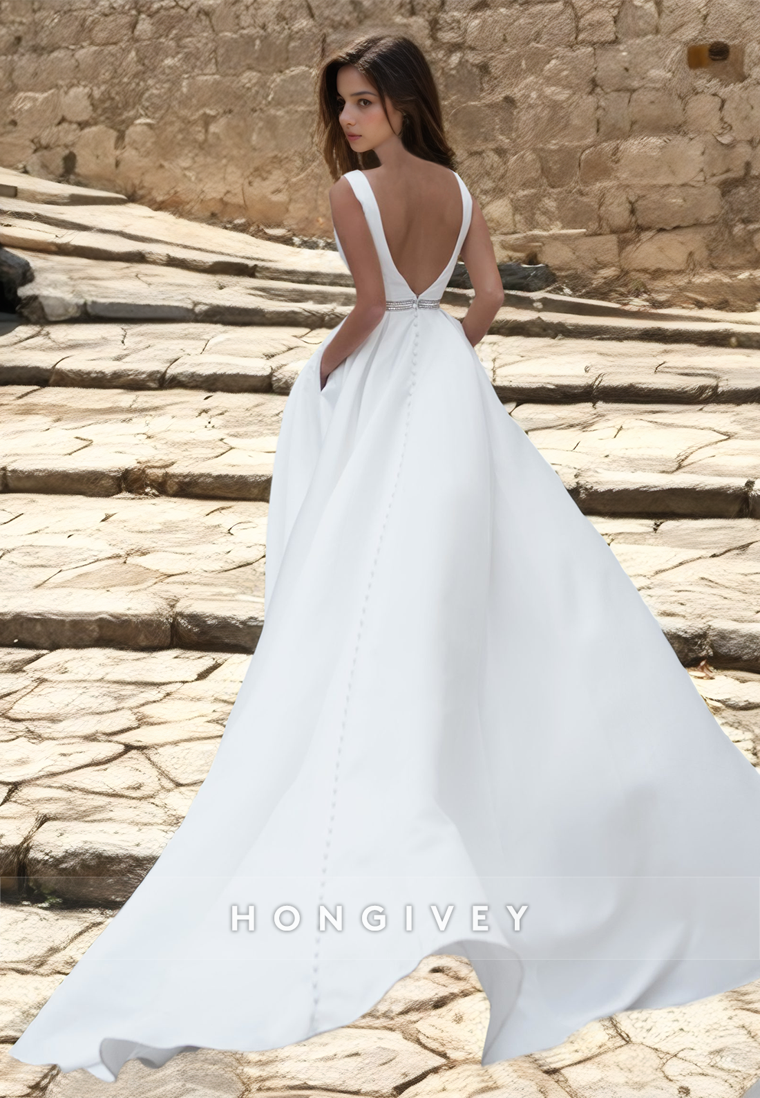 Rhinestone Embellished Sheer Long V-Neck With Train Backless Wedding Dress