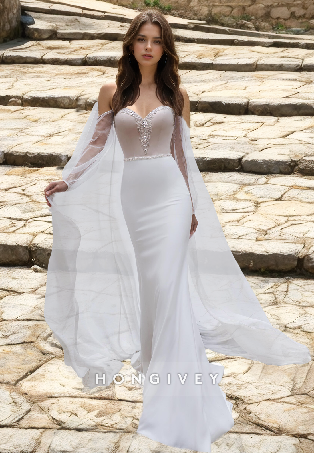 Sheer Rhinestone Embellished Embroidered With Overlay And Train Weddin Sheer Rhinestone Embellished Embroidered With Overlay And Train Weddin