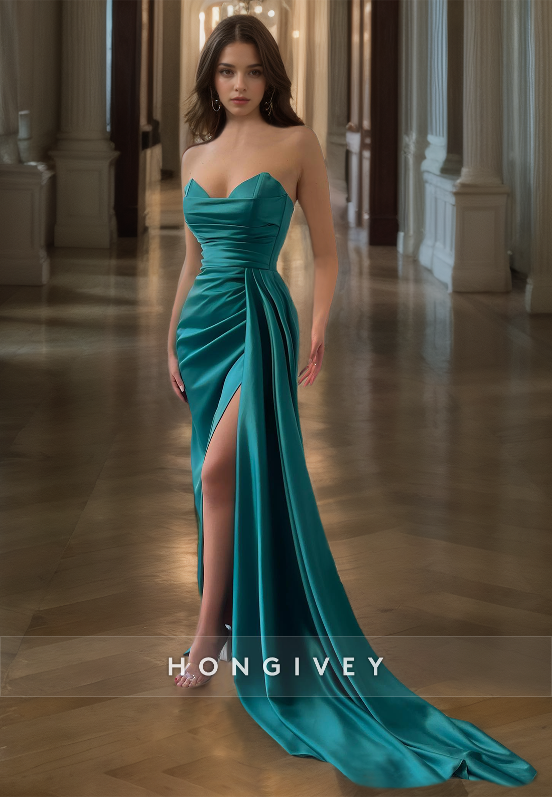 Simple Ruched Strapless With Train And Slit Formal Party Prom Evening Simple Ruched Strapless With Train And Slit Formal Party Prom Evening