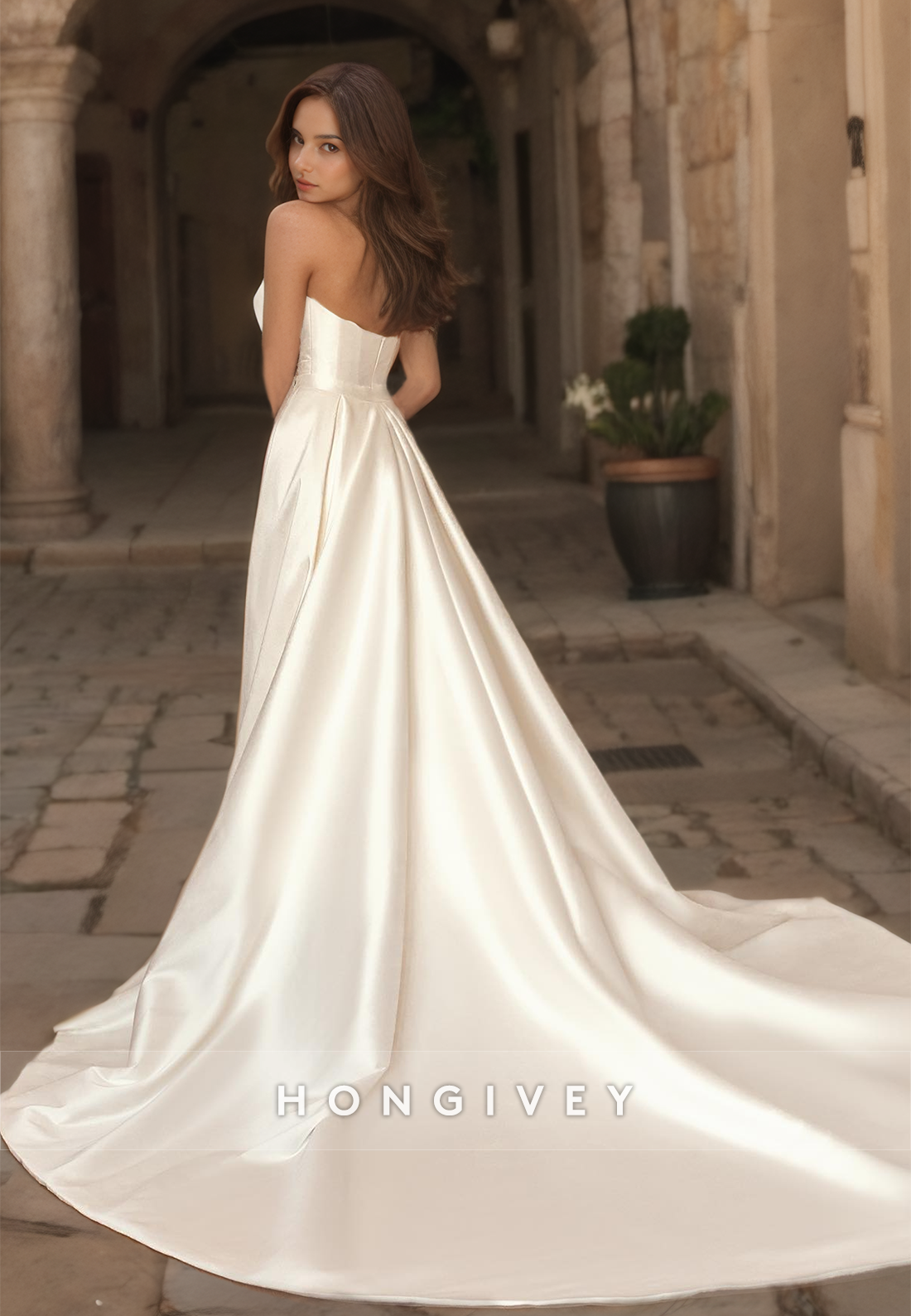 Sexy Satin A-Line Sweetheart Sleeveless Empire Ruched With Overskirt Train Wedding Dress
