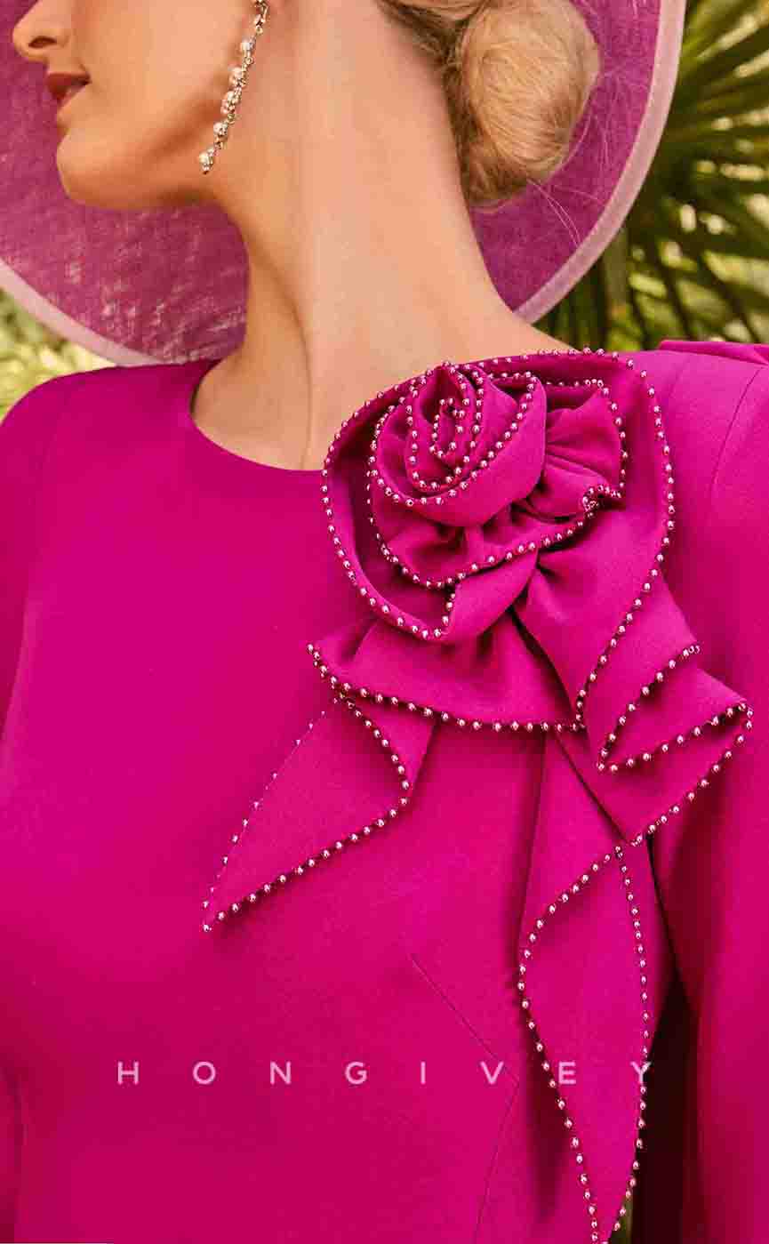 HM126 - Sexy Satin Fitted Round Empire Quarter Sleeve Floral Embossed Knee-Length Mother of the Bride Dress