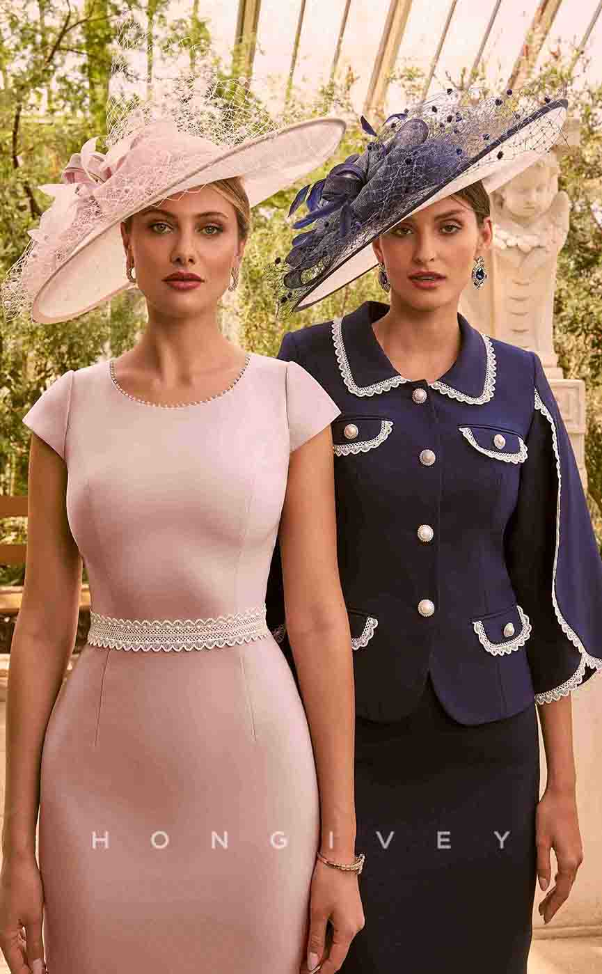 HM128 - Sexy Satin Fitted Round Two Piece Empire Knee-Length Appliques Mother of the Bride Dress