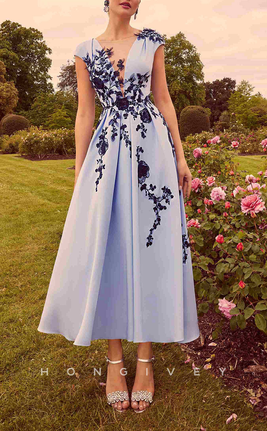 HM135 Sexy Satin A-Line Scoop Empire Lace Appliques Sleeveless Tea-L