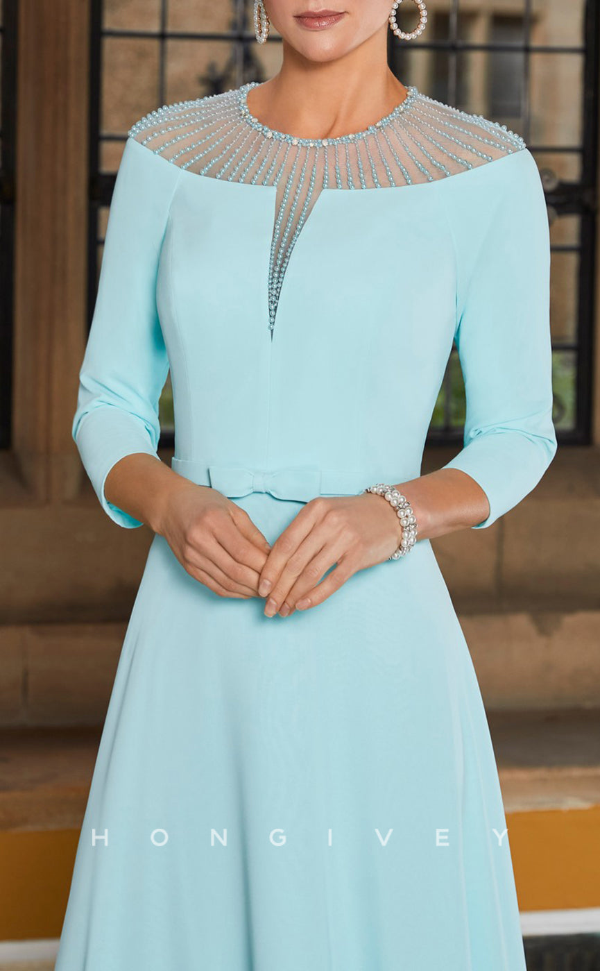 HM150 - Sexy Satin A-Line Round Empire 3/4 Sleeves Bowknot Beaded Mother of the Bride Dress