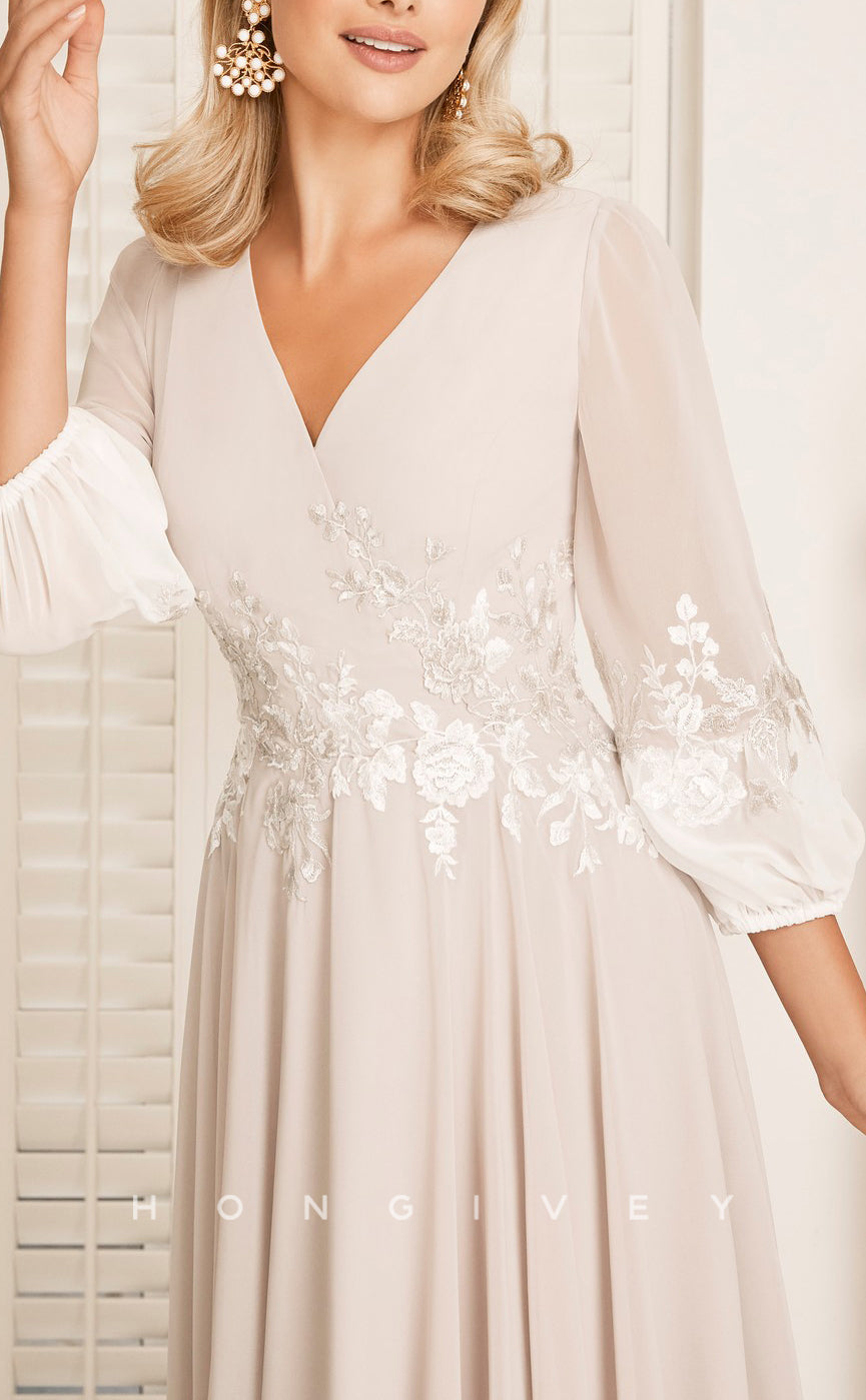 HM161 - Sexy Satin A-Line V-Neck Empire 3/4 Sleeves Appliques Mother of the Bride Dress