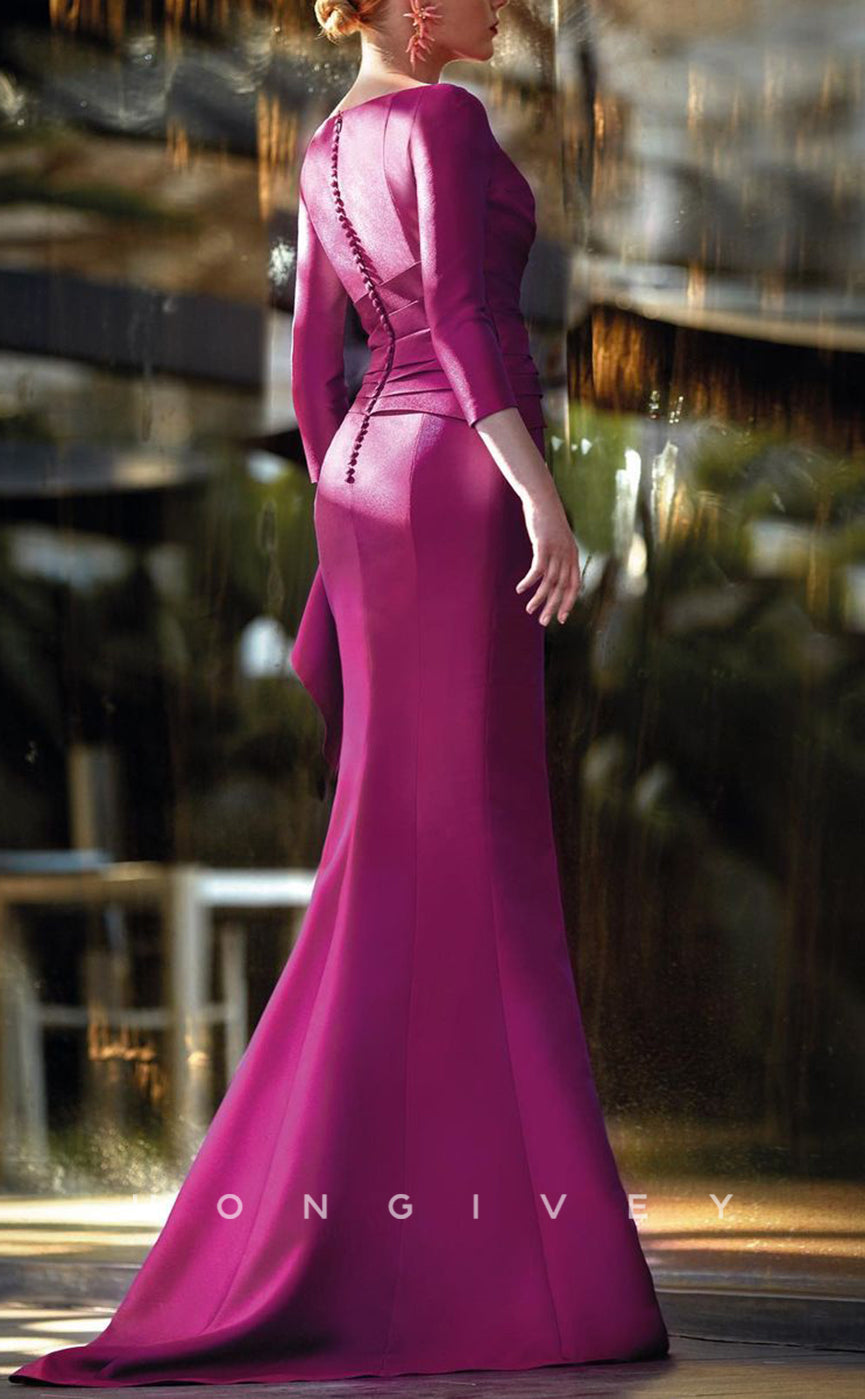 HM168 - Sexy Satin Trumpet V-Neck 3/4 Sleeves Empire Ruched Floral Embossed Ruffled With Train Mother of the Bride Dress