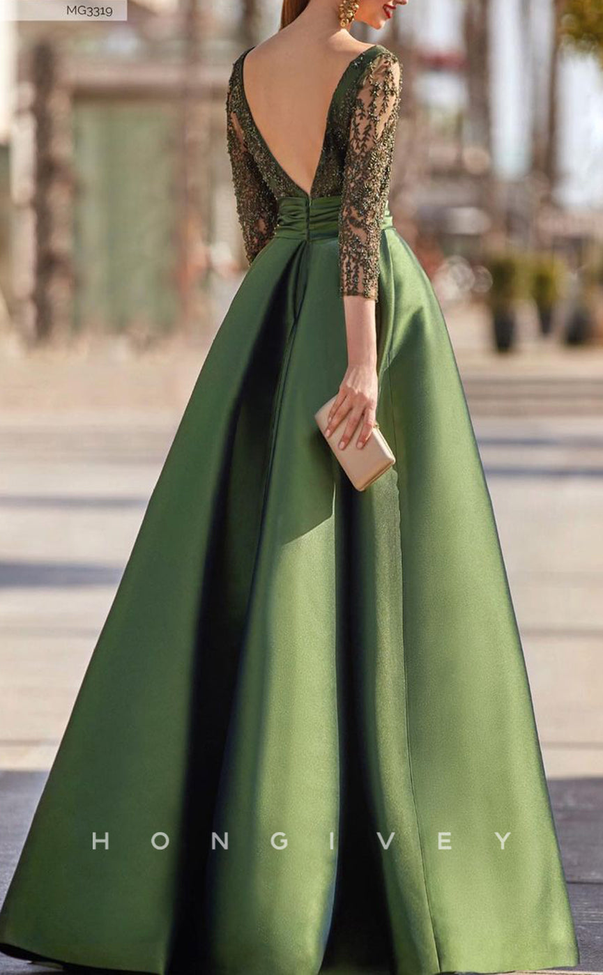 HM173 - Sexy Satin A-Line Scoop Lace Beaded Appliques 3/4 Sleeves Empire With Slit Mother of the Bride Dress