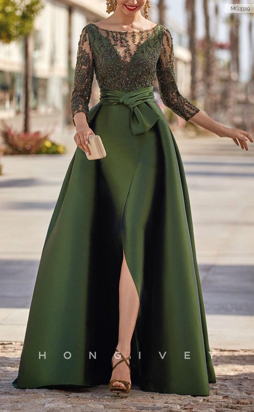 HM173 - Sexy Satin A-Line Scoop Lace Beaded Appliques 3/4 Sleeves Empi HM173 - Sexy Satin A-Line Scoop Lace Beaded Appliques 3/4 Sleeves Empi