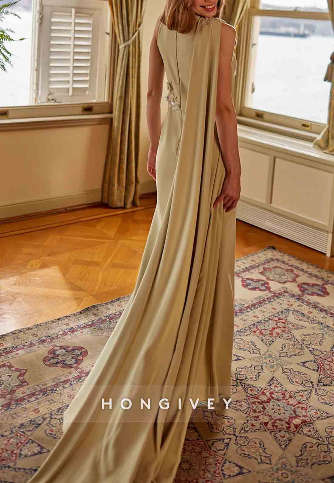 Appliques Flowes Sleeveless Scoop High Slit Side Draping Evening Gowns