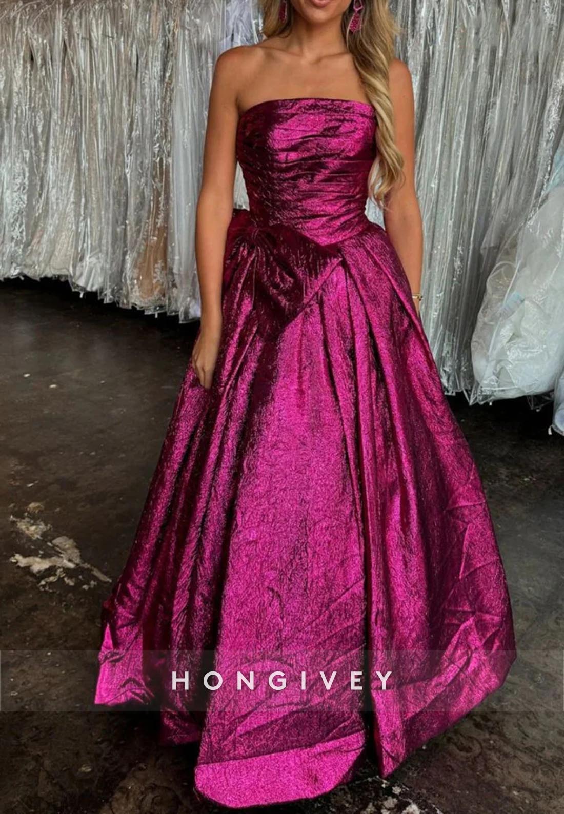 Floor-Length Strapless Bowknot Split Ruched Holiday Prom Dresses With Train