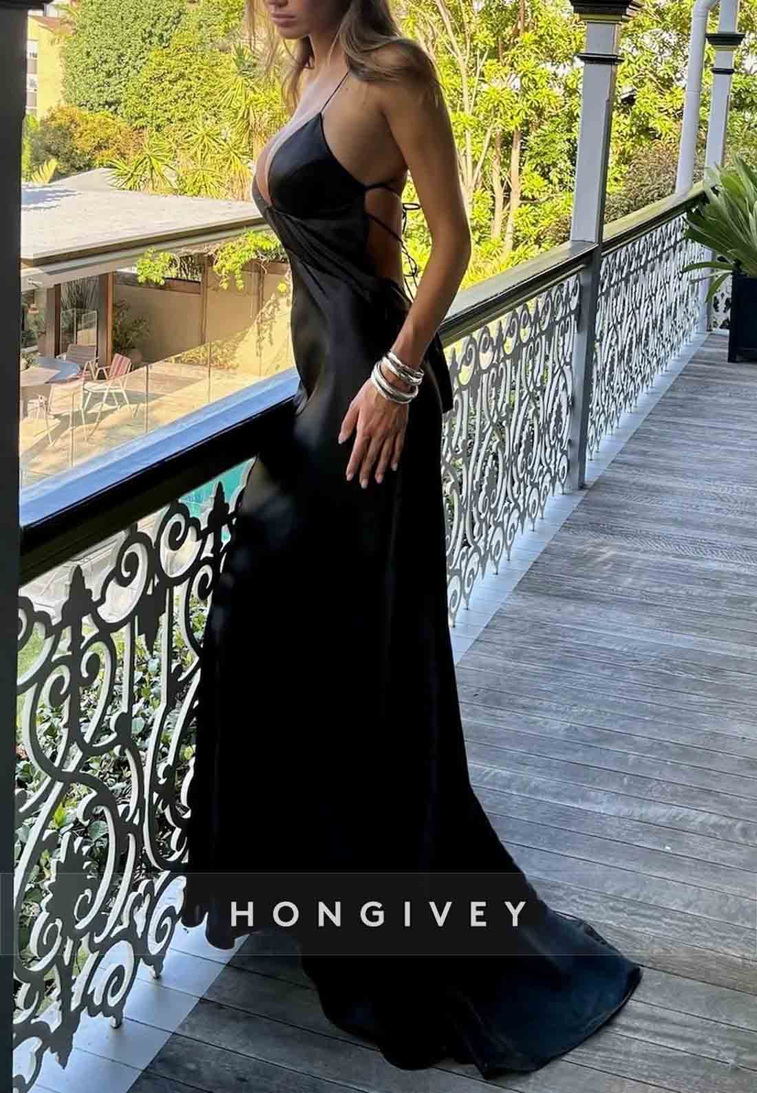 Hot Low V-Neck Spaghetti Straps Black Long Party Dress with Crisscross Back