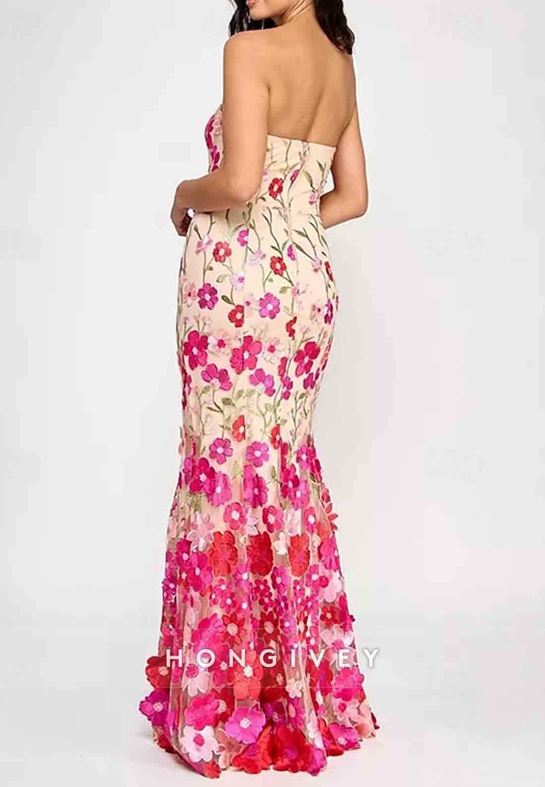 Trumpet Semi Formal Wedding Floor-Length Sleeveless Strapless Floral Embroidery Evening Gown